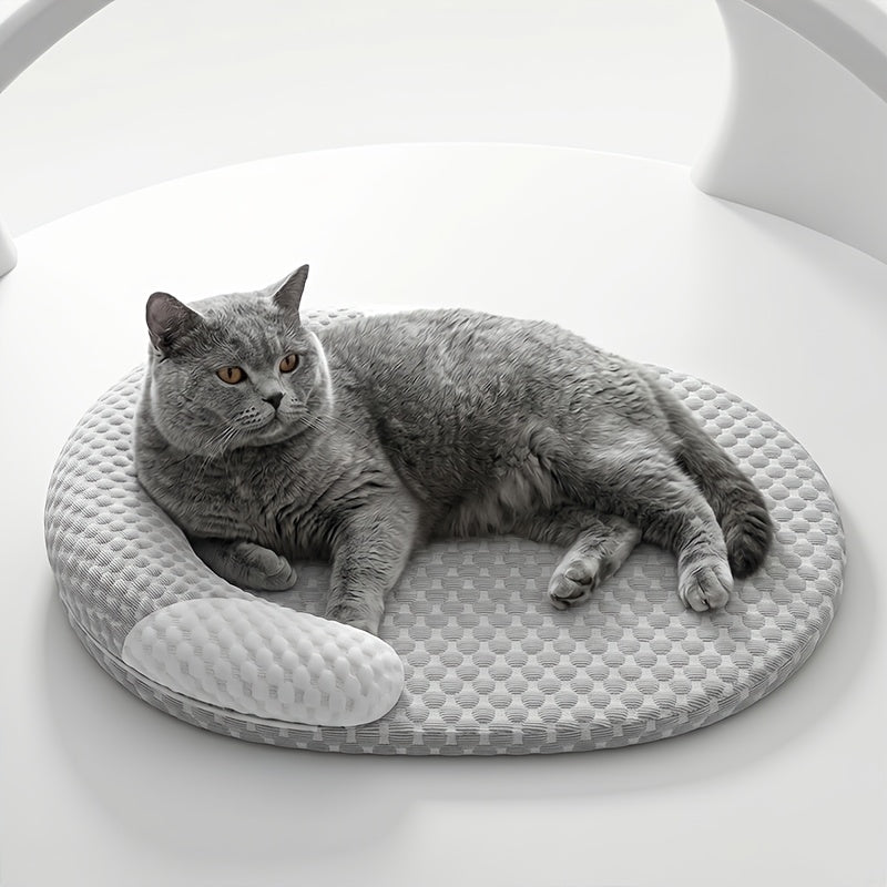 Summer Cooling Cat Bed, Breathable Dog Bed with Raised Neck Pillow, Non-Slip & Washable Round Cooling Pet Mat for Cats and Small Dogs