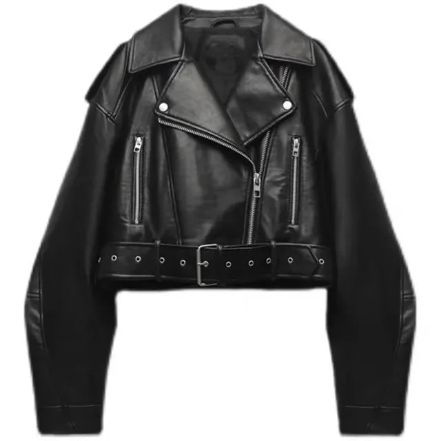 Women's Cropped Faux Leather Biker Jacket | Adjustable Belt & Silver Accents | Versatile Streetwear