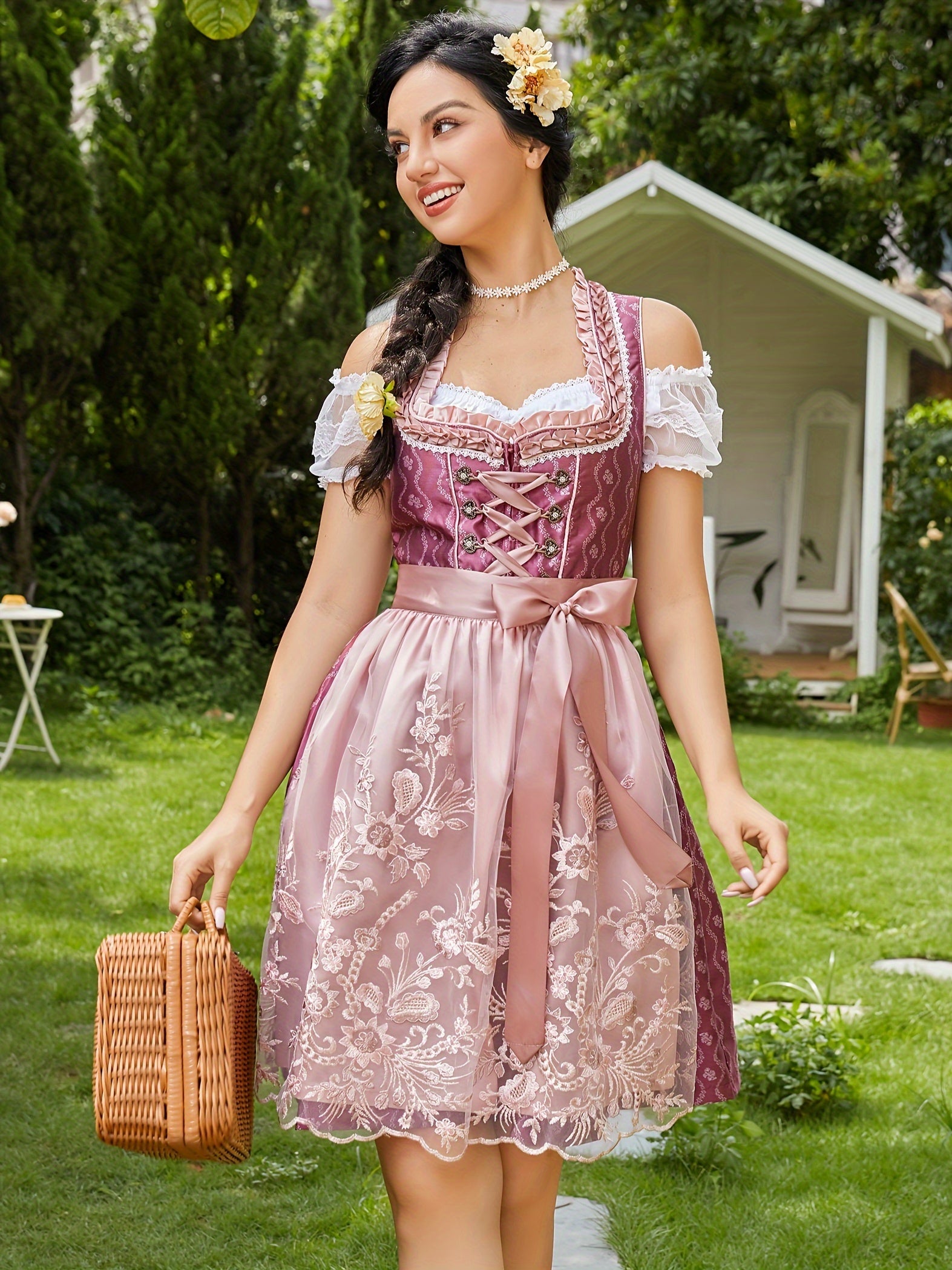 Women's Rose Red Oktoberfest Dirndl Dress Set with Embroidered Apron