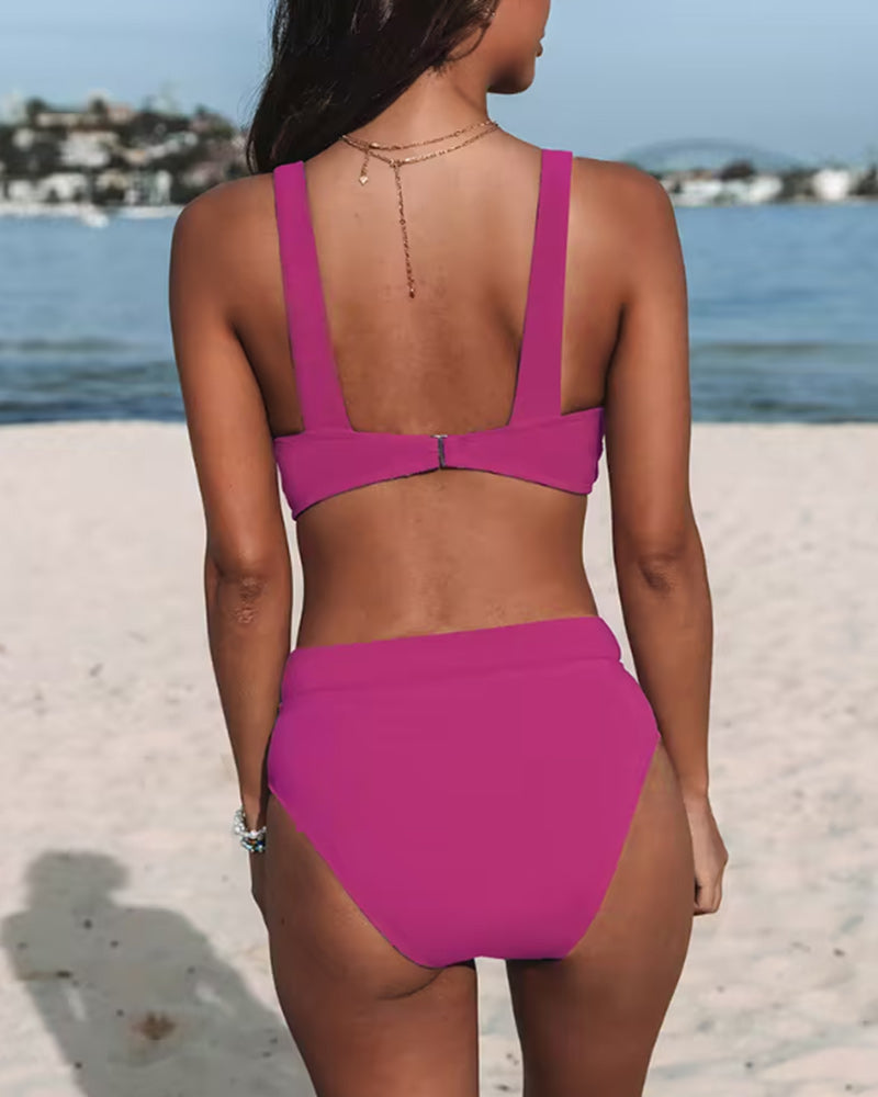 Women’s Two-Piece Bikini Set | High-Waisted Bottom & V-Neck Top | Chinlon & Spandex | Comfortable Fit