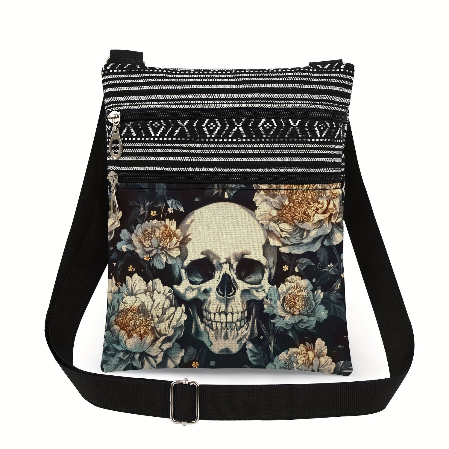 Gothic Skull and Bat Print Shoulder Bag Lightweight Halloween Accessory