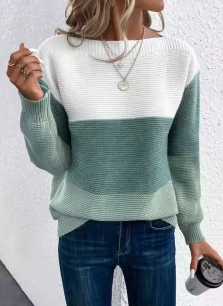 Women’s Knit Pullover Sweater | Three-Color Patchwork Design | Soft Lightweight Fabric | Comfortable Fit