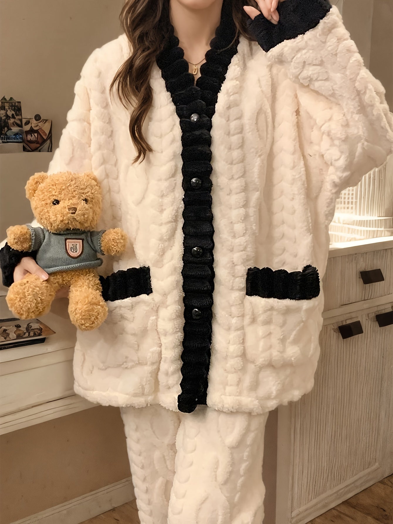 Fleece Lounge Set | V-Neck Button Top | Cozy Winter Warmth | Polyester