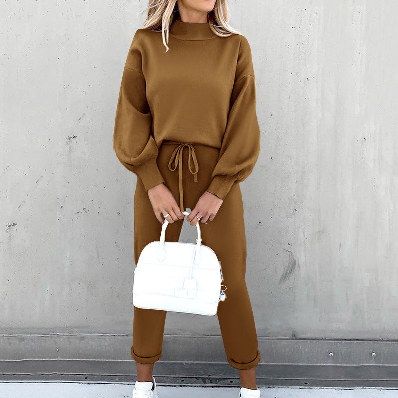 Women’s Two-Piece Loungewear Set | Soft Luxurious Fabric & Balloon Sleeves | High-Waist Jogger Pants with Pockets | Comfortable Warm Fit