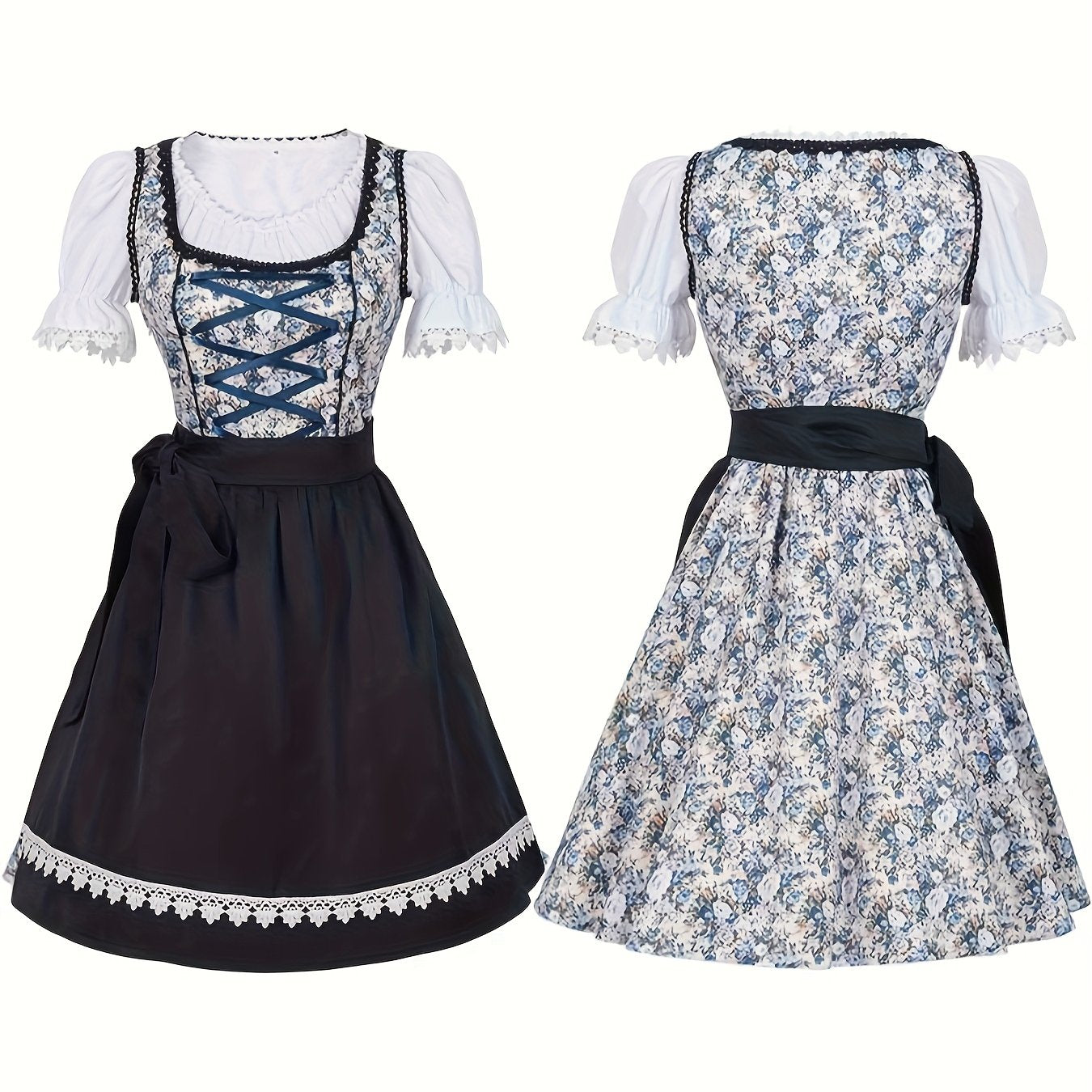 Women's Bavarian Dirndl Dress with Floral Print and Puff Sleeves for Oktoberfest