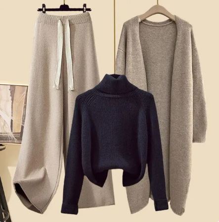 Women’s Three-Piece Knit Lounge Set | Wide-Leg Drawstring Pants & Cropped Turtleneck | Long Cardigan | Comfortable Fit