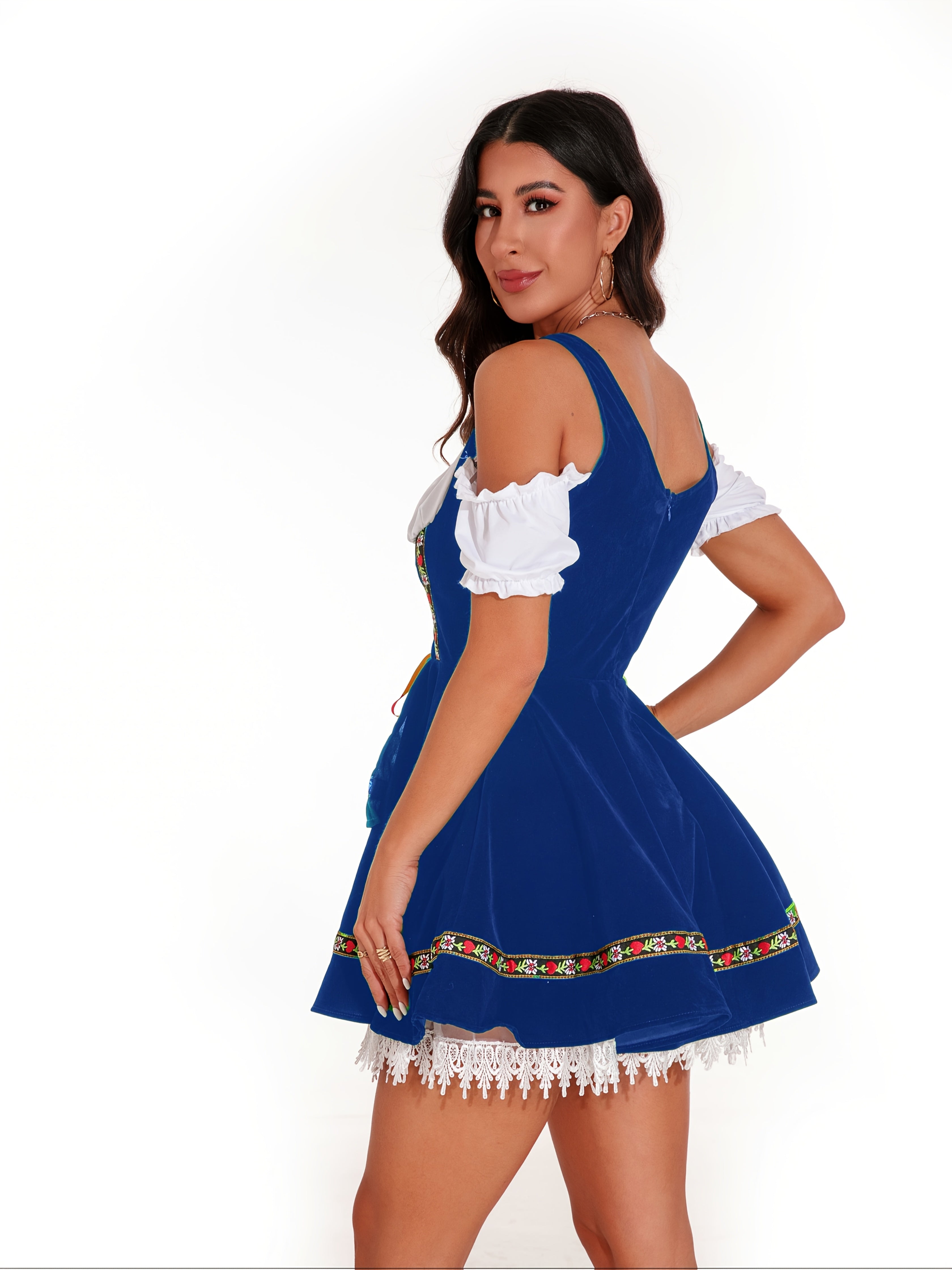 Women's Bavarian Oktoberfest Dress with Off-Shoulder Lace Trim and Floral Details
