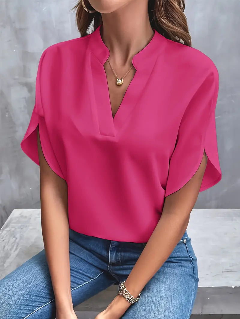 Women's Blouse | Lightweight V-Neck with Split-Sleeve Detailing | Soft Drapable Fabric | Comfortable Fit