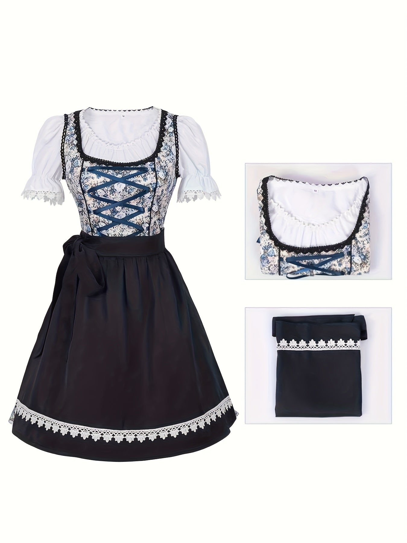 Women's Bavarian Dirndl Dress with Floral Print and Puff Sleeves for Oktoberfest