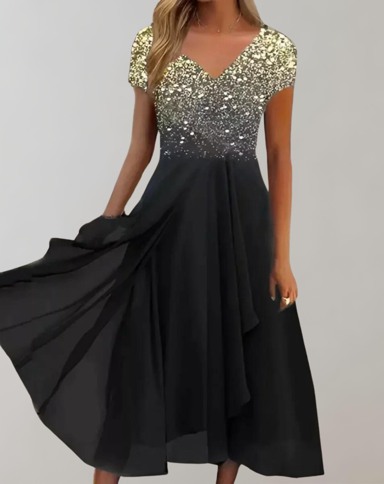 Women’s Evening Gown | Shiny Embellished Bodice & Flowing Chiffon Skirt | Multiple Colors
