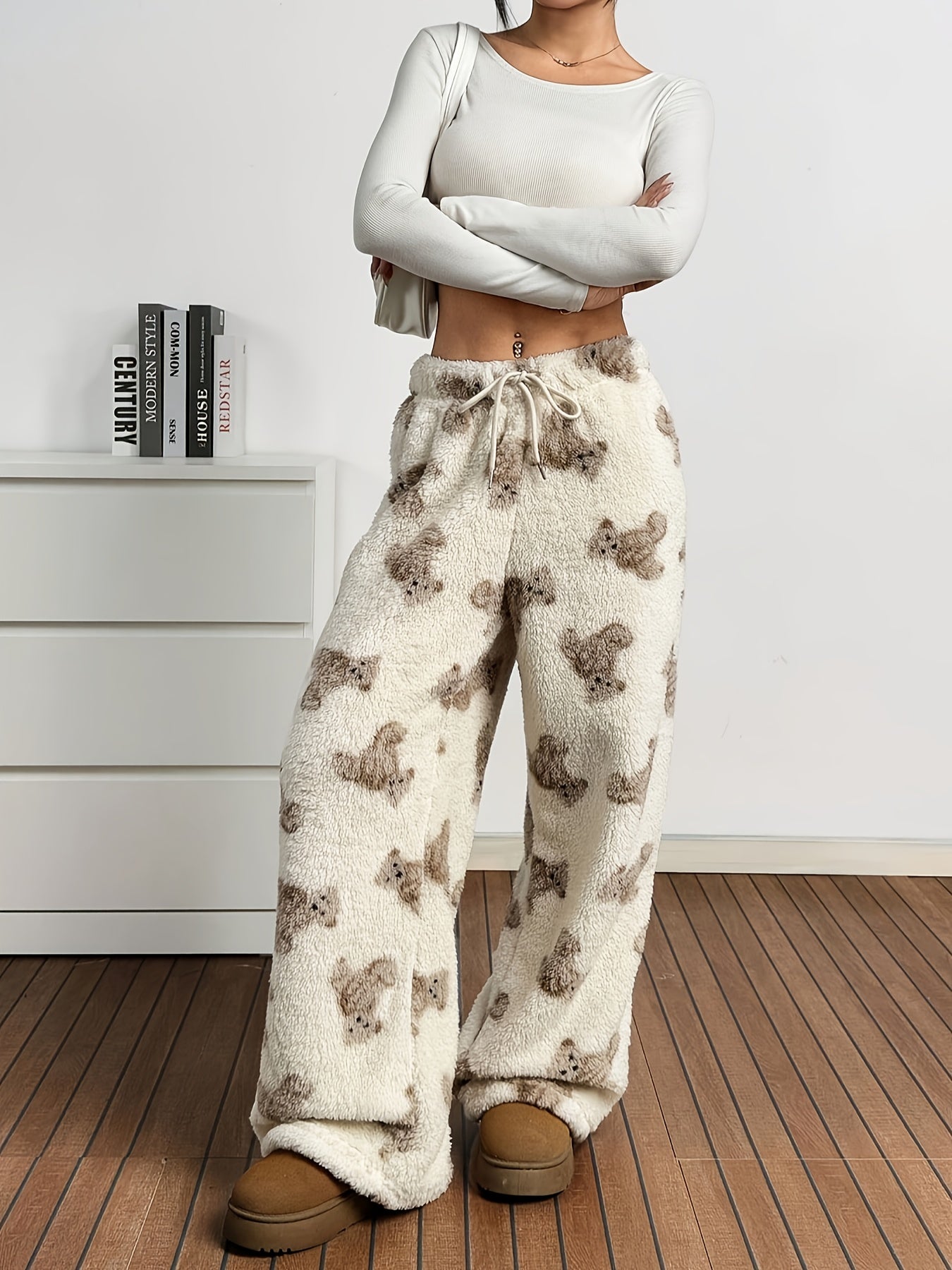 Fleece-Lined Wide-Leg Pants | Animal Print | Warm and Comfortable | Polyester