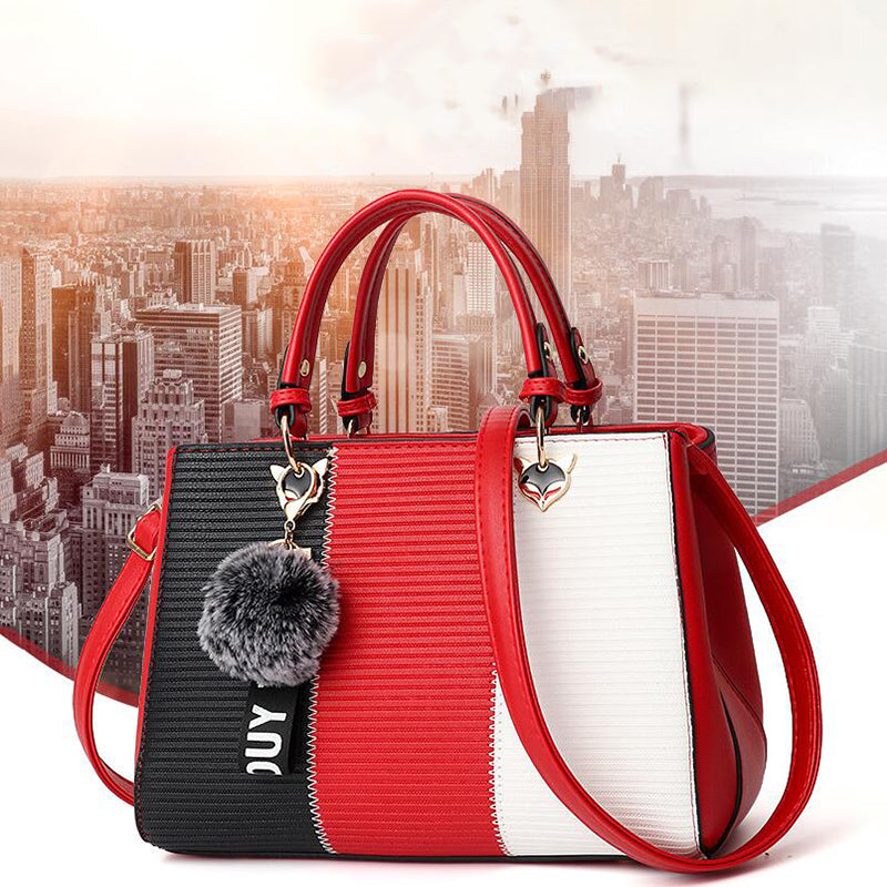 Women's Handbag | Patchwork Design & Hairball Embellishments | Durable Fabric | Spacious Interior with Dual Carry Options