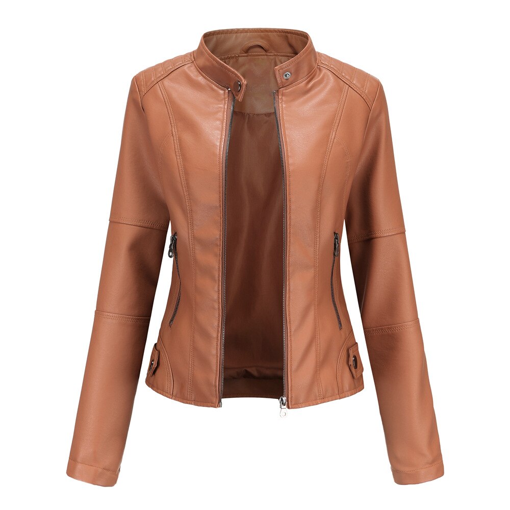 Women’s Leather Jacket | Mao Collar Design | PU Leather & Polyester Lining | Comfortable Fit