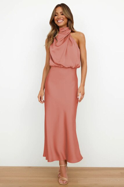 Women's Halter-Neck Draped Midi Dress | Sleeveless Elegant Design | 100% Polyester | Versatile Evening Wear