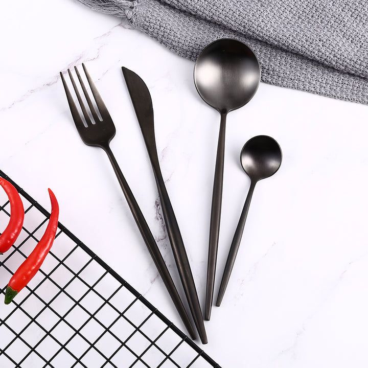 Cutlery Set | Black Stainless Steel with Mirrored Finish | 24 or 48 Pieces | Ergonomic & Durable Design