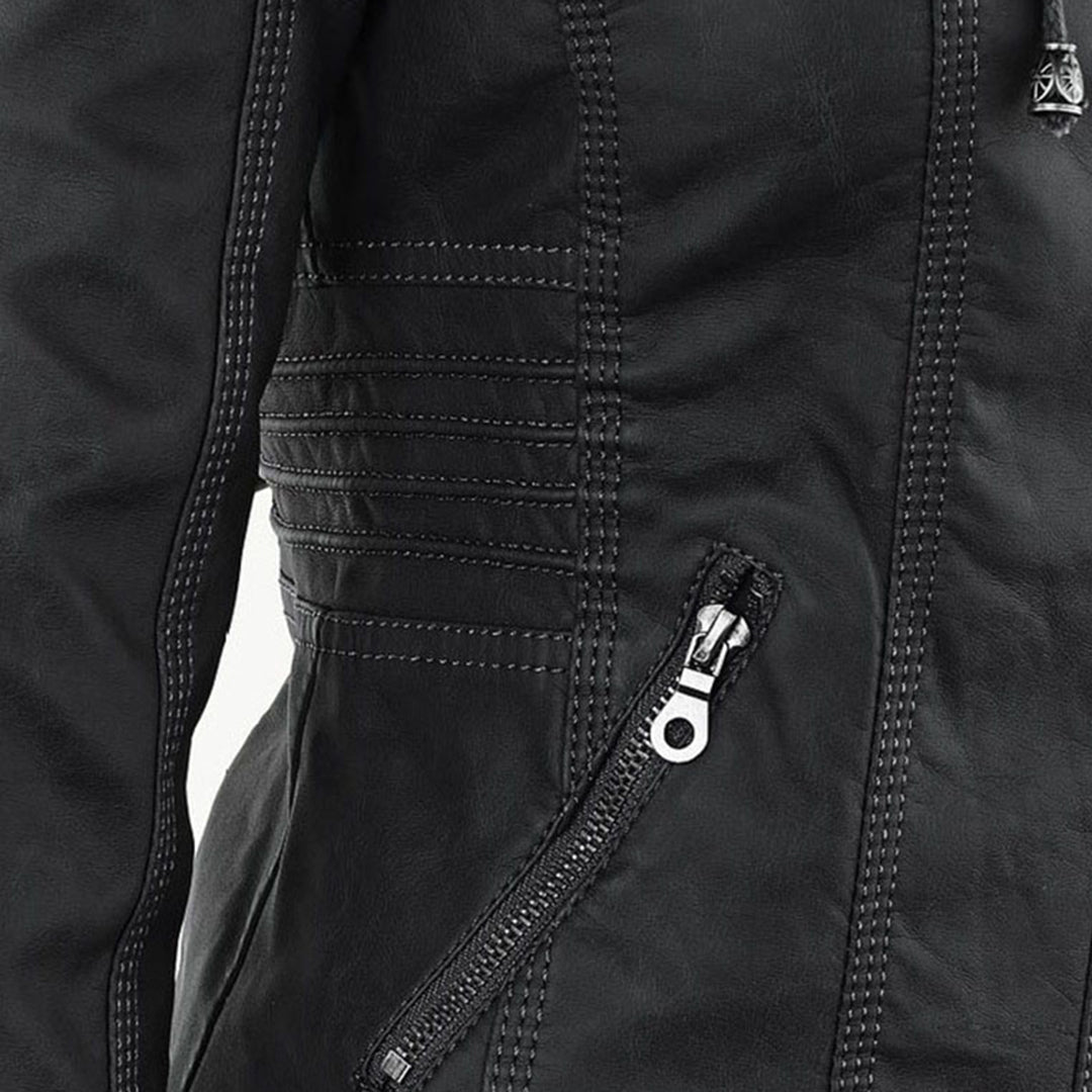 Women’s Weatherproof Leather Jacket | Detachable Hood & Zip Closure | Durable Polyester Fiber | Comfortable Fit