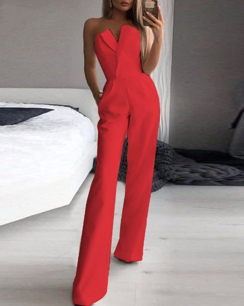 Women’s Sleeveless Wide-Leg Jumpsuit | Plunging Neckline | Polyester Fiber | Comfortable Fit
