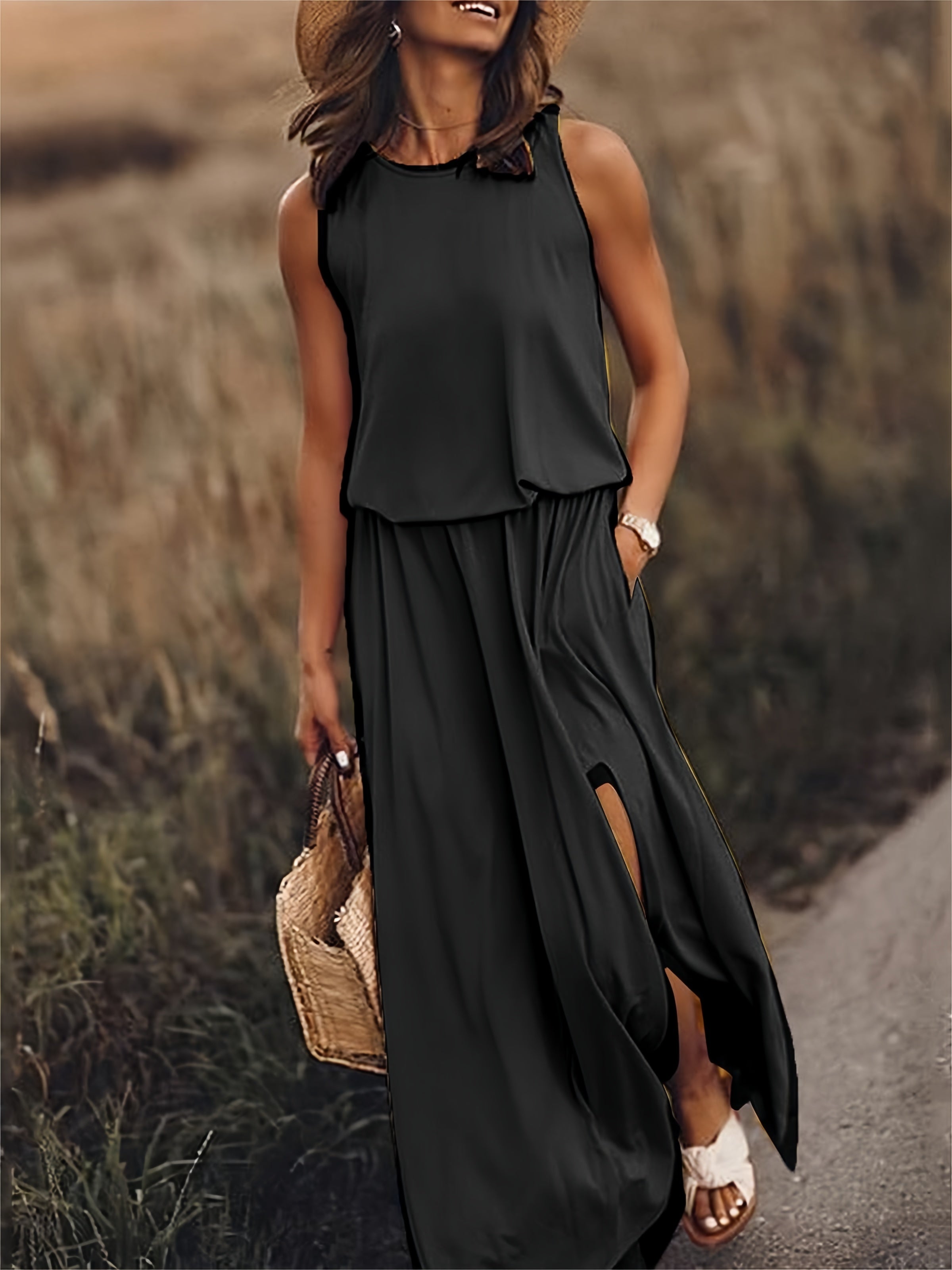 Women’s Maxi Dress | Boho Style with Draped Overlay & Side Slits | Polyester Blend | Comfortable Fit