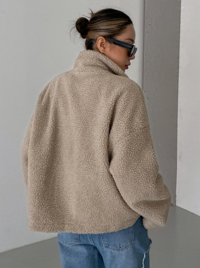 Women’s Oversized Wool Jacket | Fleece Warmth & Stand-Up Collar | Zipper Closure | Comfortable Fit for Winter