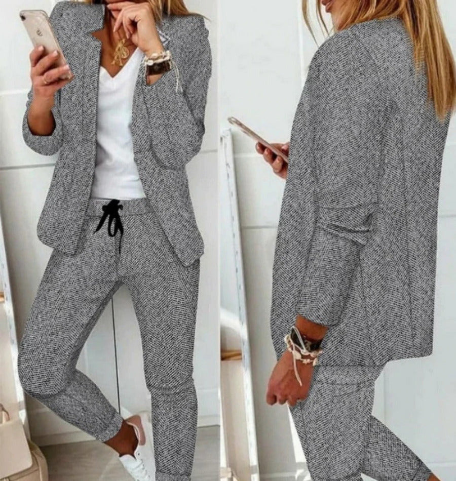 Women’s Two-Piece Suit Set | Modern Tailored Blazer & Drawstring Waist Trousers | Comfortable Fit | Versatile Casual Wear