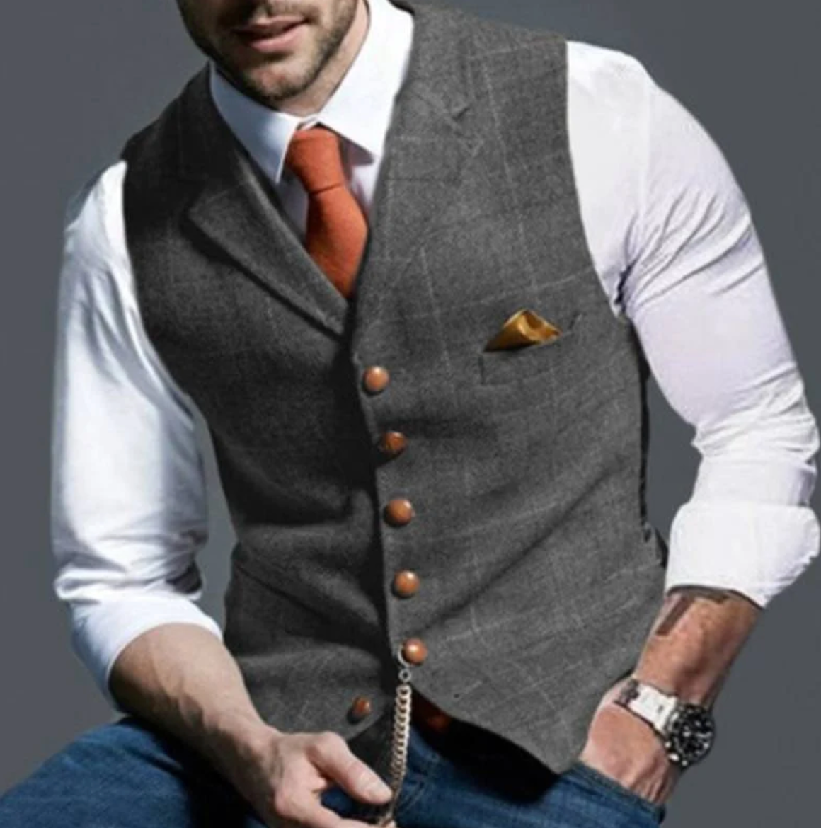 Men’s Vest | Vintage Style with Pocket Watch Chain | Textured Woven Fabric | Timeless Sophistication