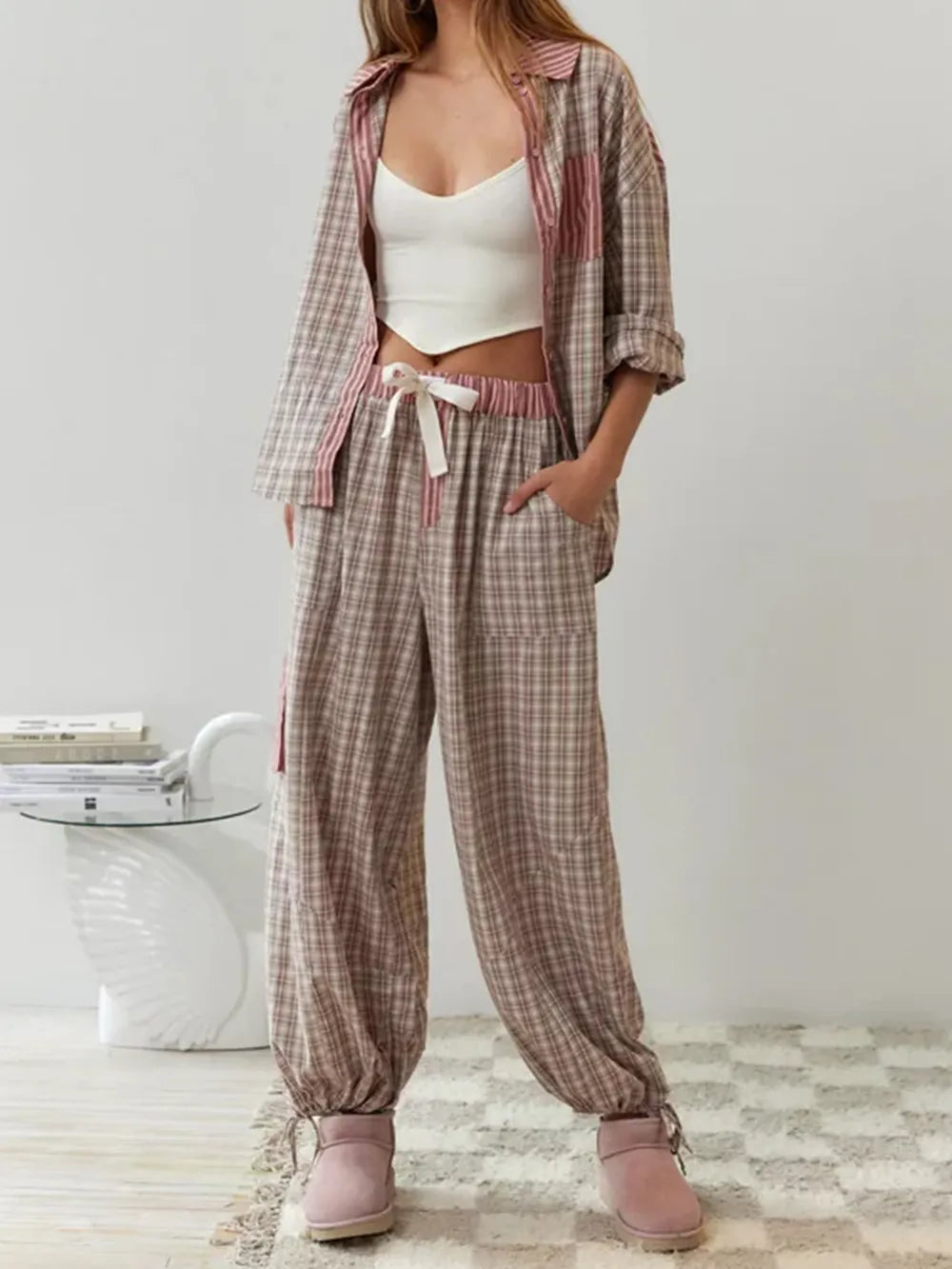 Women’s Pajama Set | Button-Down Top & Drawstring Pants | Polyester Fabric | Comfortable Fit