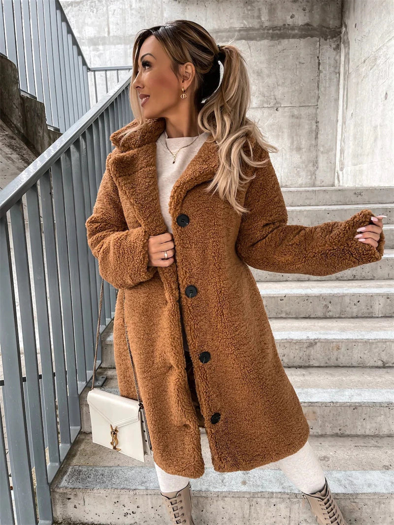 Women’s Long Teddy Coat | Plush Soft Fabric & Button Front | Warm and Cozy Fit | Versatile Casual Outerwear