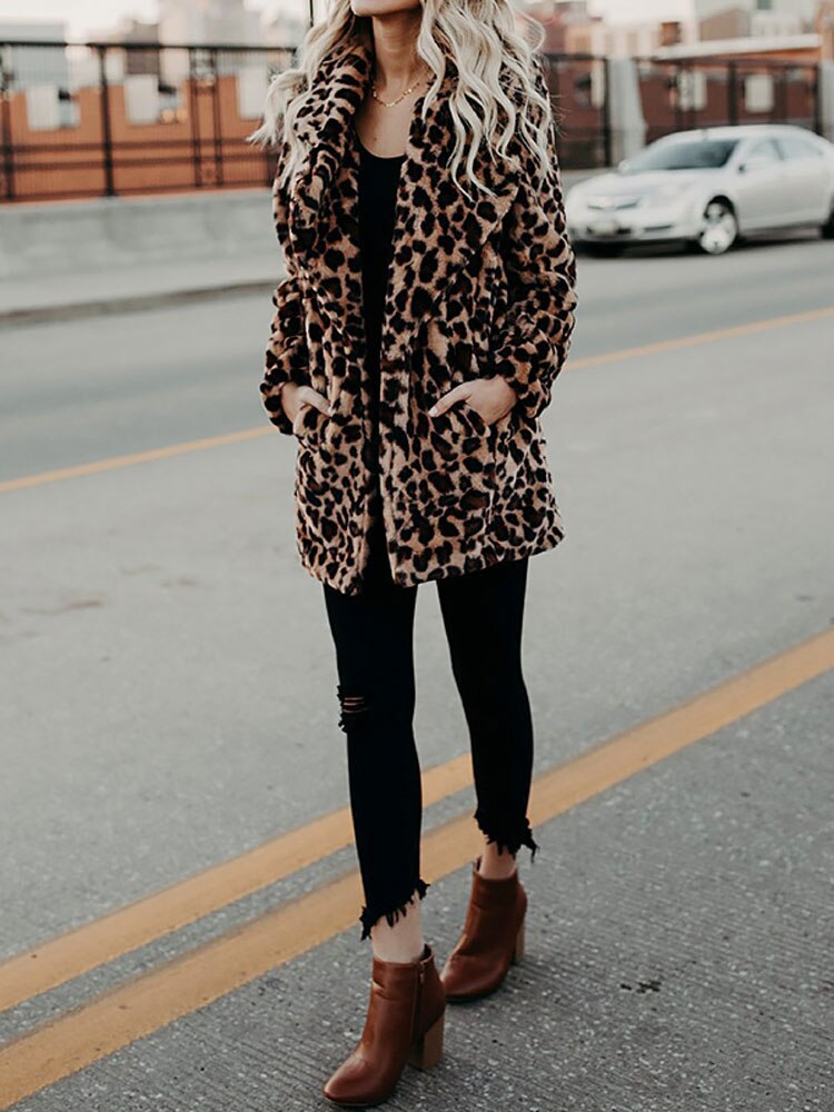 Women’s Plush Faux-Fur Coat | Leopard Print Design | High-Quality Nep Yarn | Cozy Warmth
