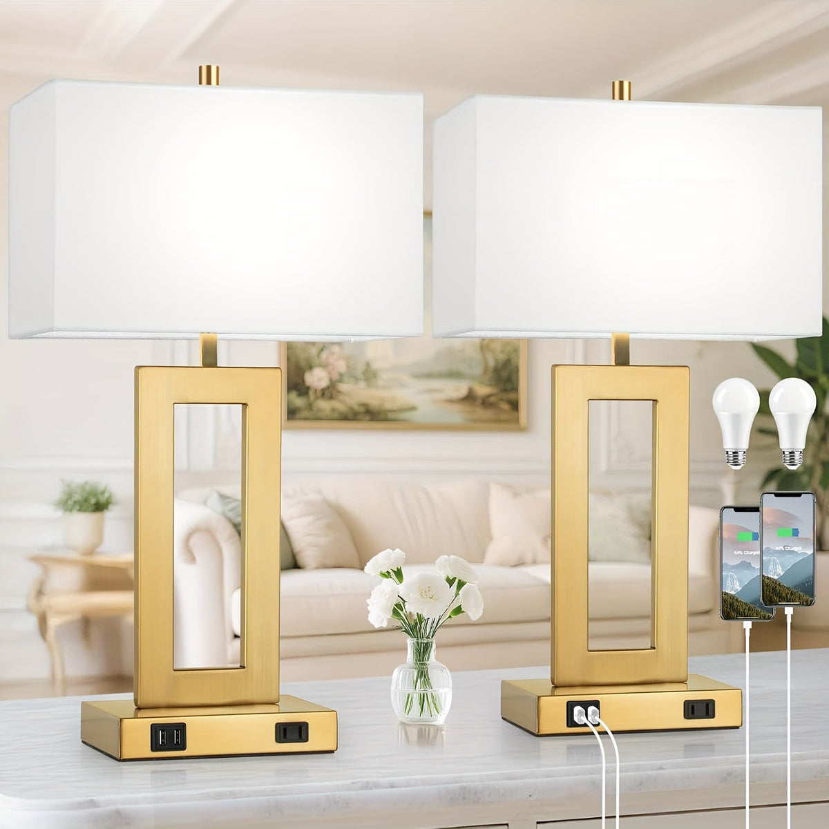 Smart Touch Table Lamps Duo with USB Ports – Adjustable Brightness