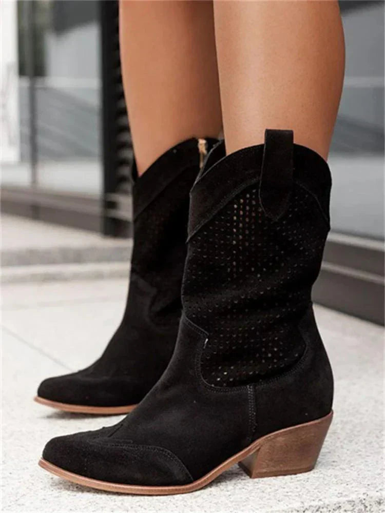 Women’s Leather Boots | Perforated Mid-Calf Western Style | Breathable Design & Stacked Heel | Comfortable All-Day Fit