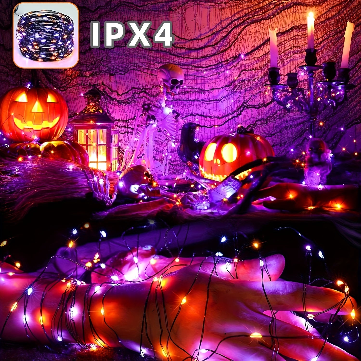Solar-Powered Halloween String Lights Orange and Purple 8 Flash Modes