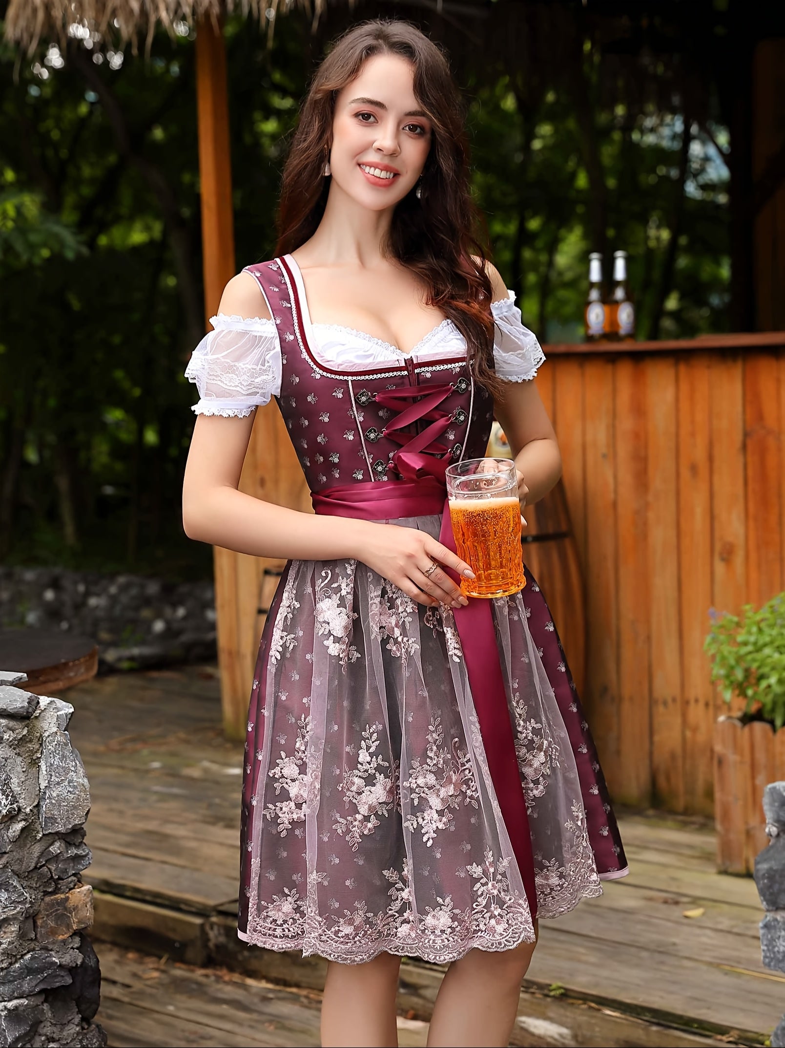 Women's Traditional Oktoberfest Dirndl Dress Set with Embroidered Apron