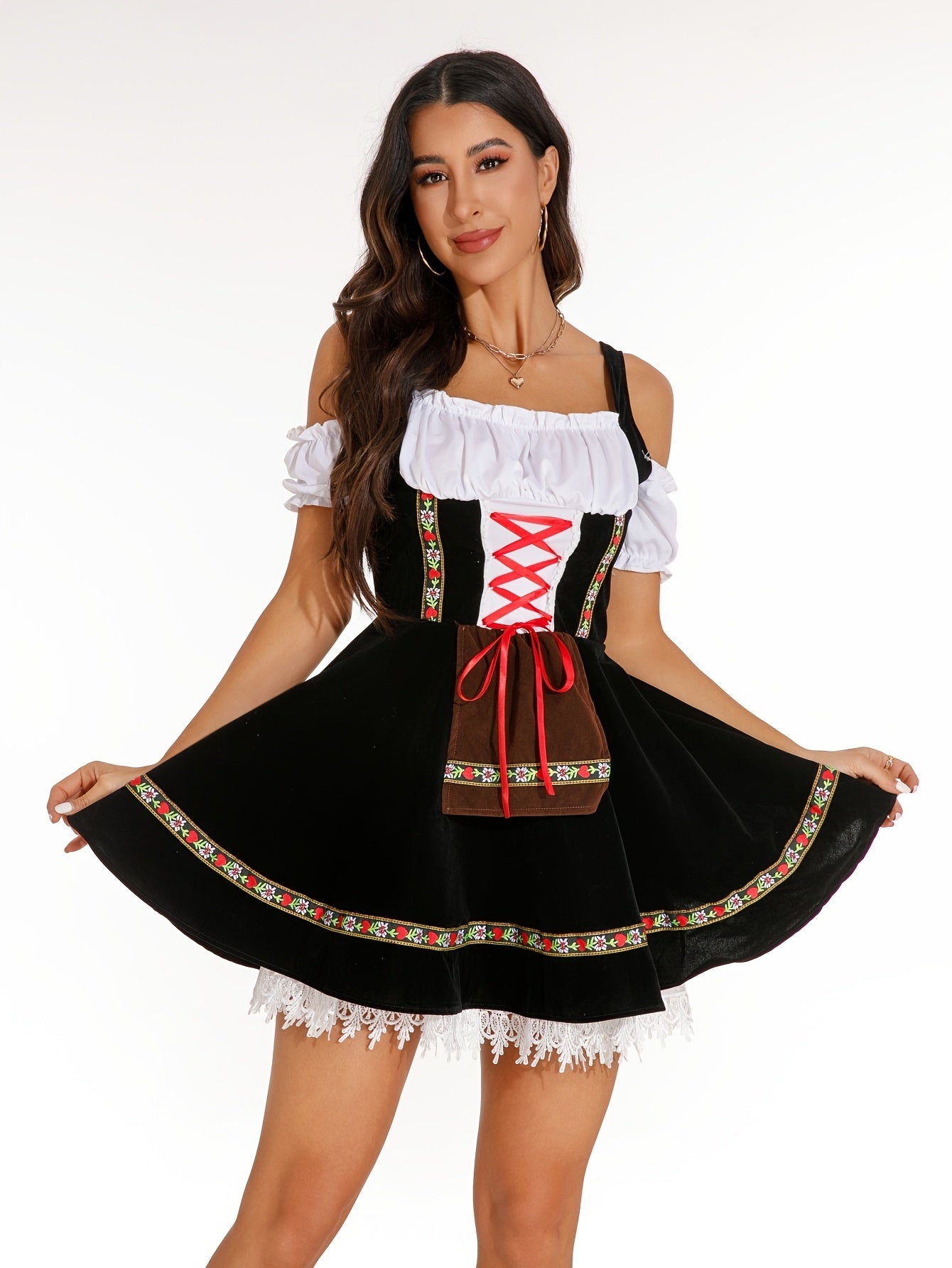 Women's Black Velvet Oktoberfest Dirndl Dress with Lace Trim