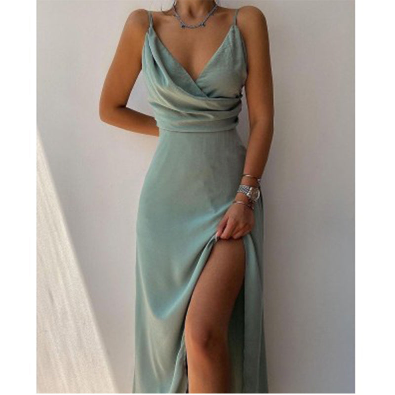 Women’s Evening Dress | Elegant V-Neck & Spaghetti Straps | High Leg Slit | Polyester Fabric