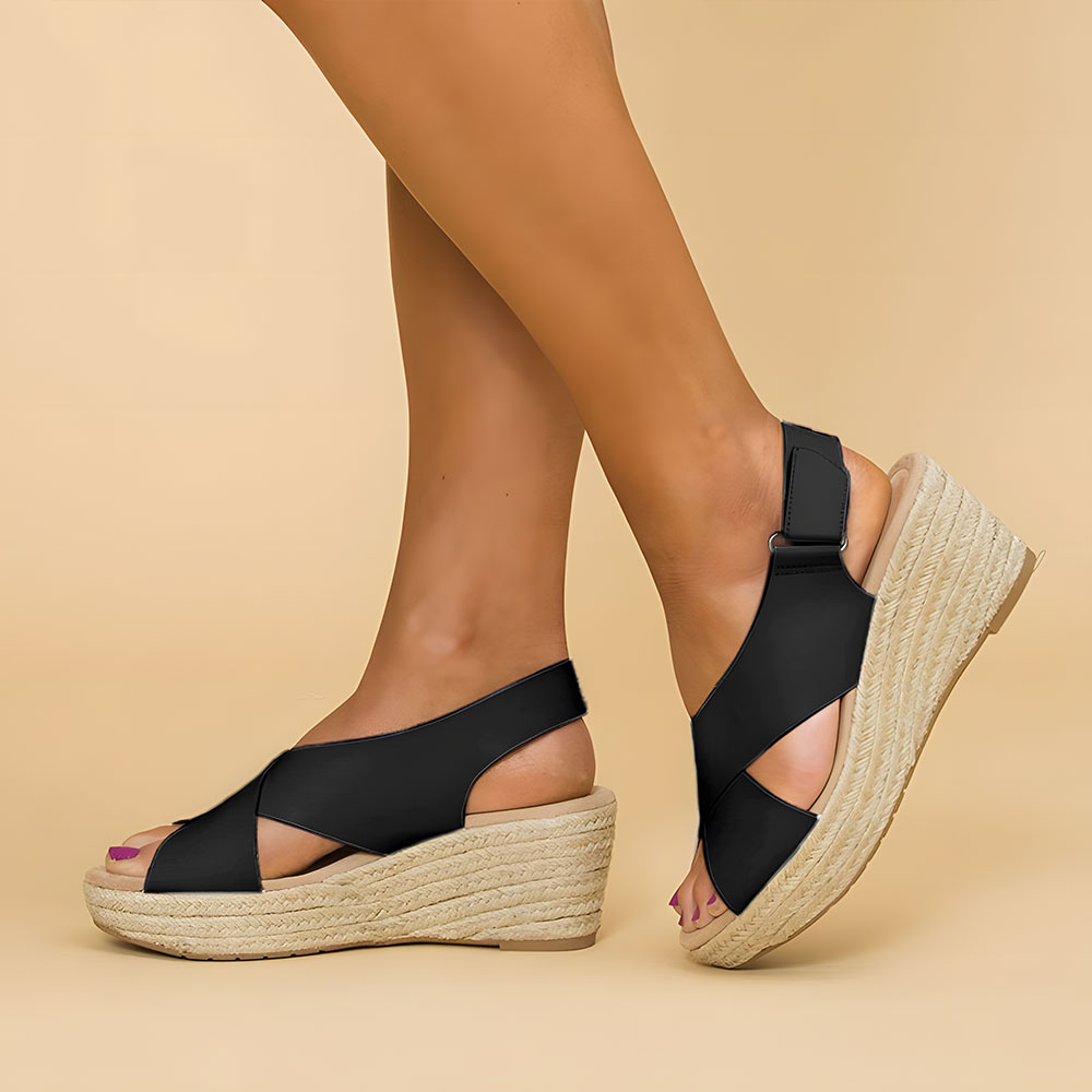 Women’s Orthopedic Sandals | Cross-Strap Wedge Espadrille | Soft PU Leather & Hemp Sole | Posture Support