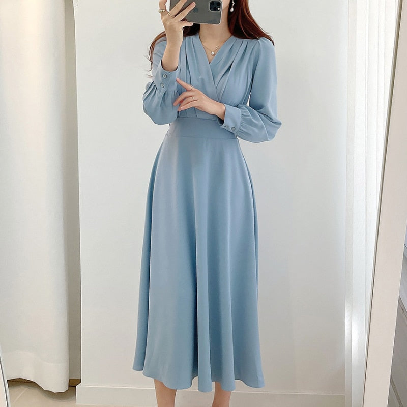 Women’s V-Neck Long-Sleeve Dress | Polyester Stretch Fabric | Midi to Maxi Length | Comfortable Fit