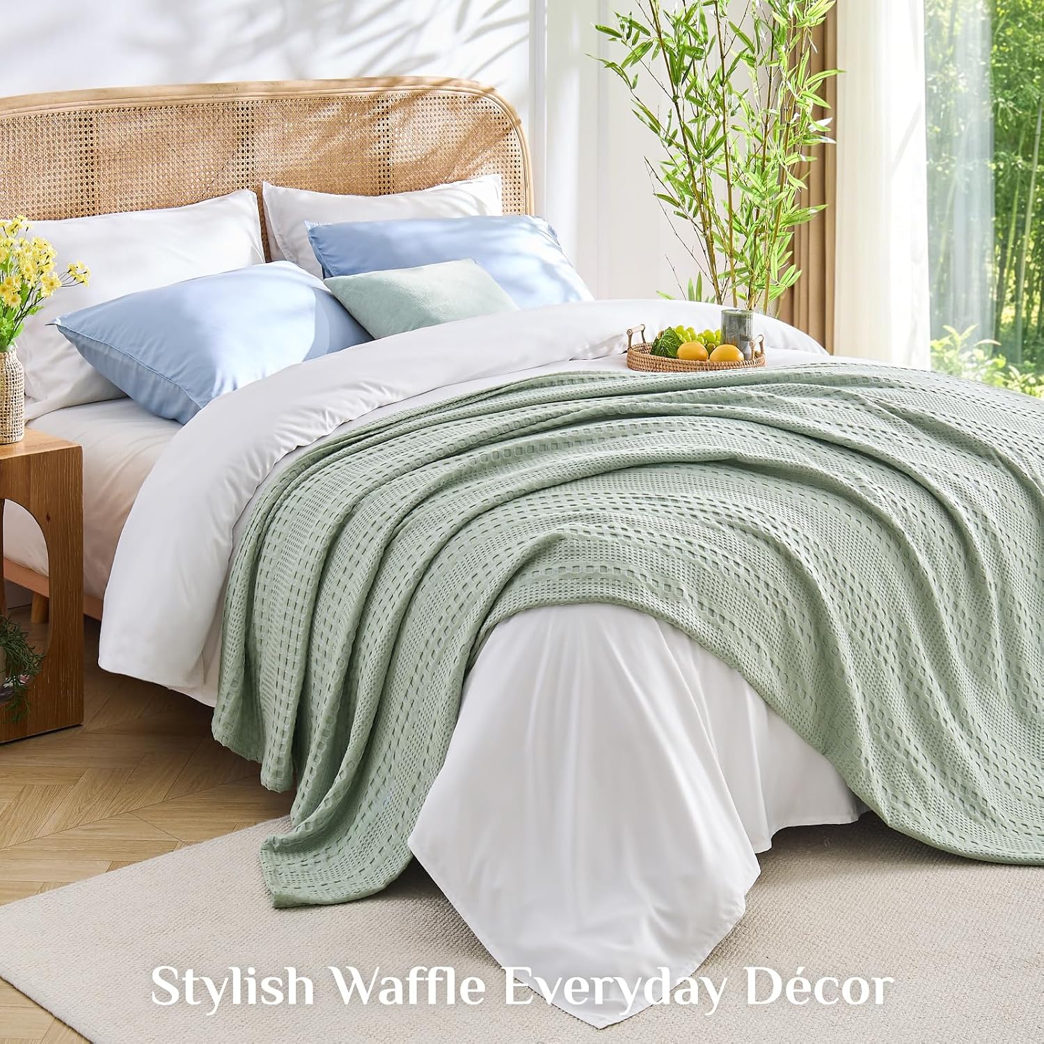 Lightweight Summer Blanket – Soft Breathable Cotton Waffle Design, White, 90"x90