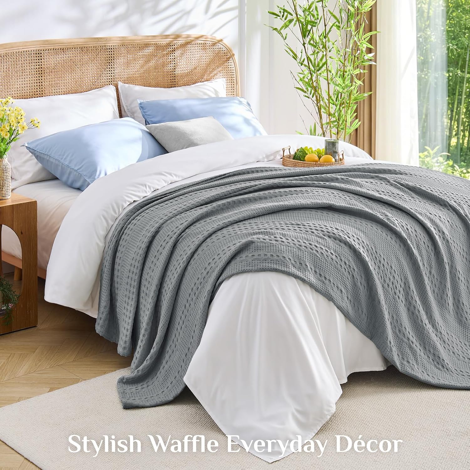 Lightweight Summer Blanket – Soft Breathable Cotton Waffle Design, White, 90"x90