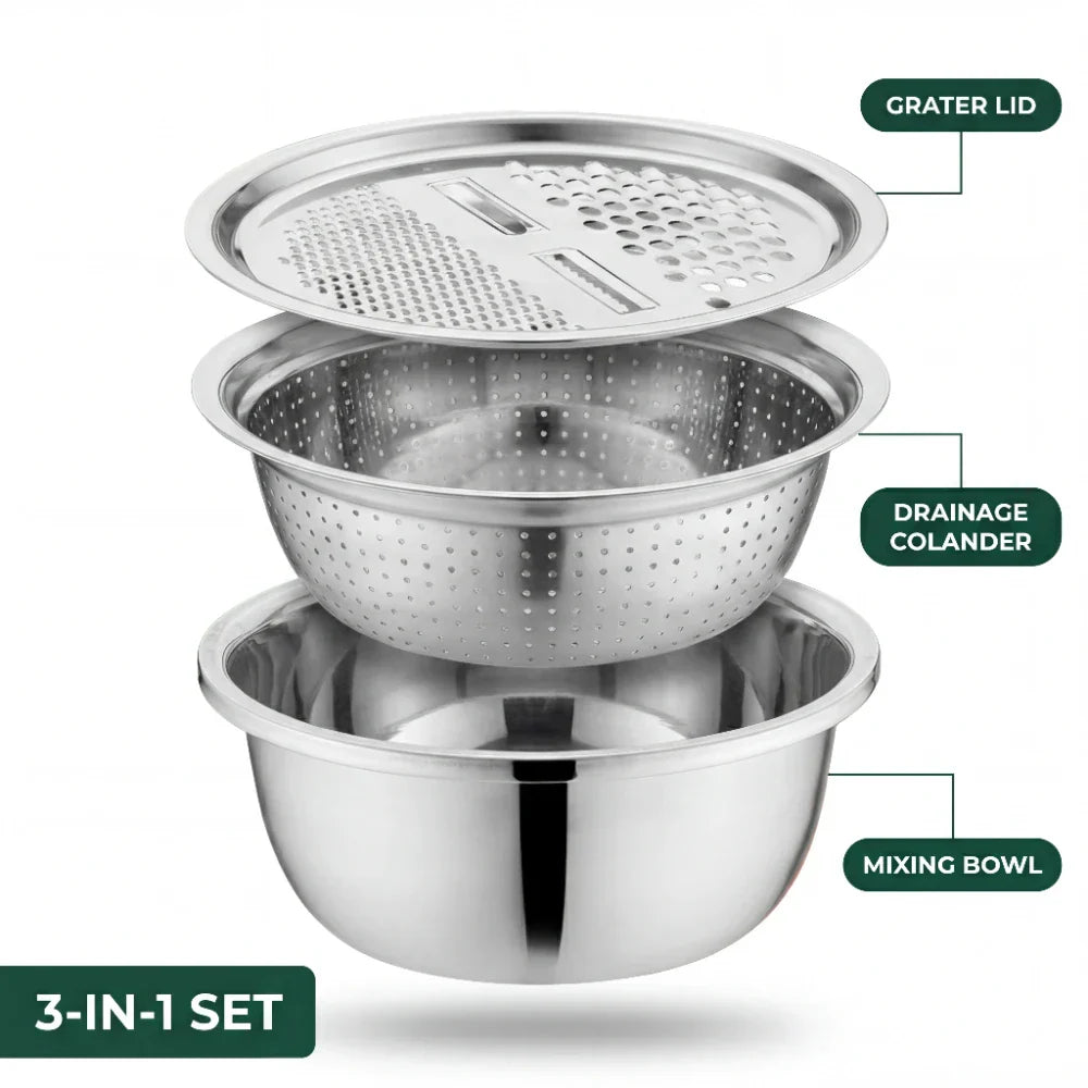 3-in-1 Grater, Sieve, and Stainless Steel Mixing Bowls Set