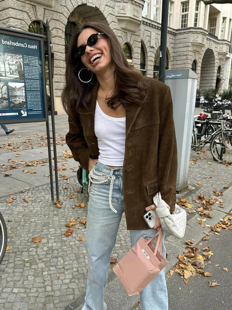 Chic Women's Long Sleeve Faux Suede Jacket with Pockets