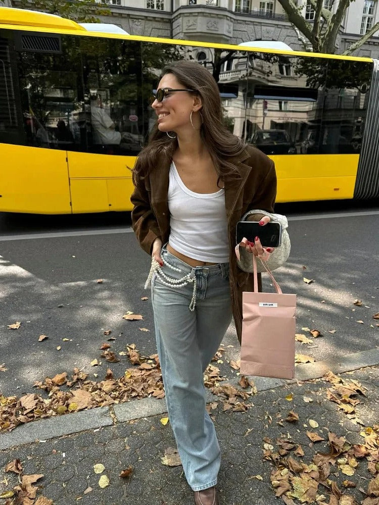 Chic Women's Long Sleeve Faux Suede Jacket with Pockets