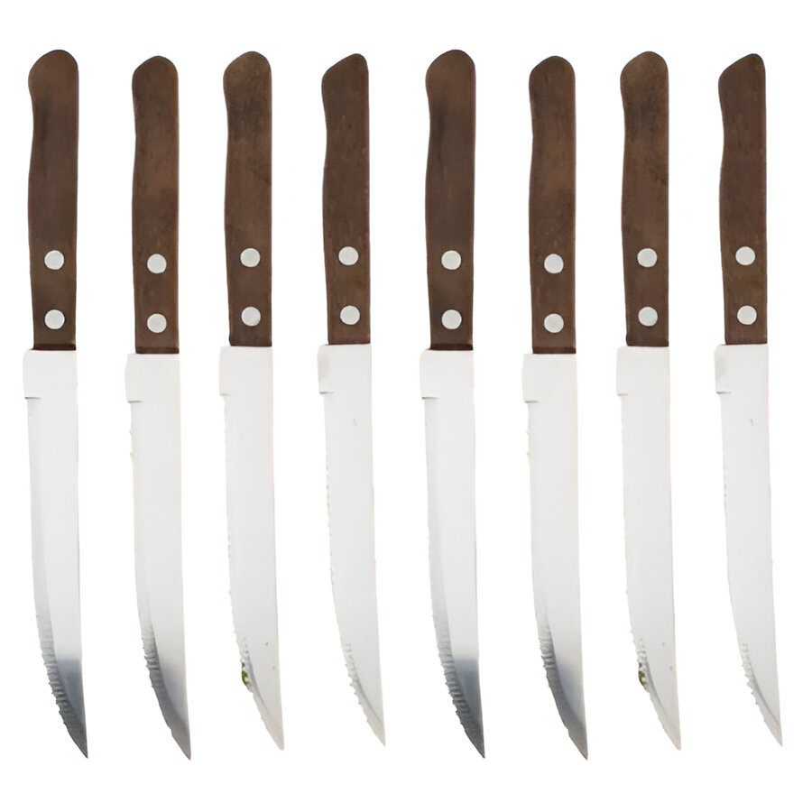 Elegant Stainless Steel Steak Knife Collection with Wooden Grip