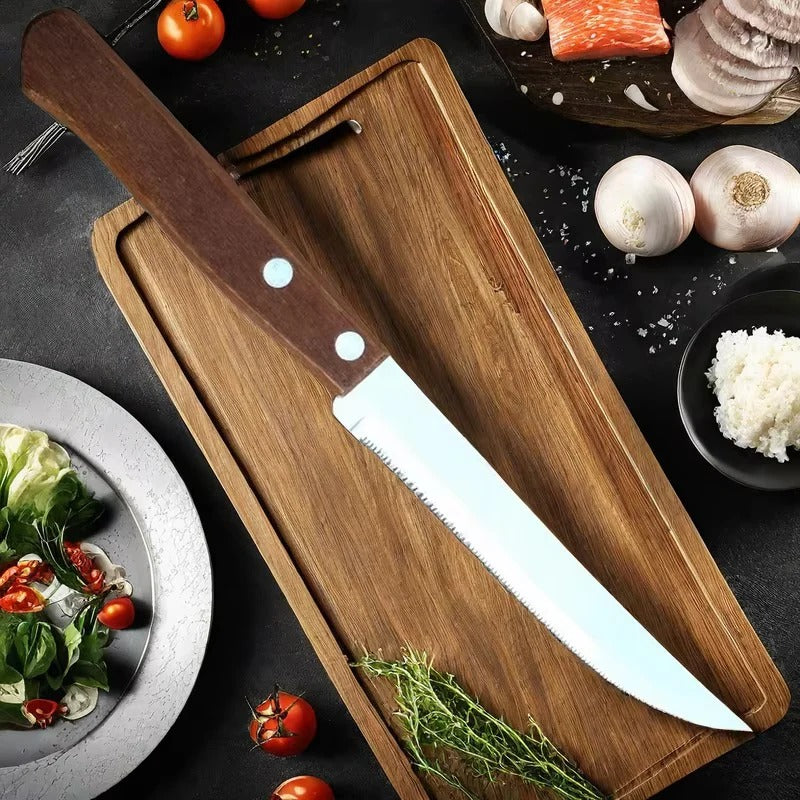 Elegant Stainless Steel Steak Knife Collection with Wooden Grip