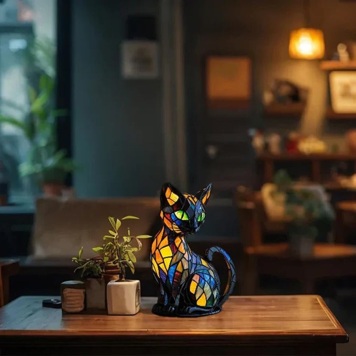 Cat-Themed Table Lamp with Stained Glass Design
