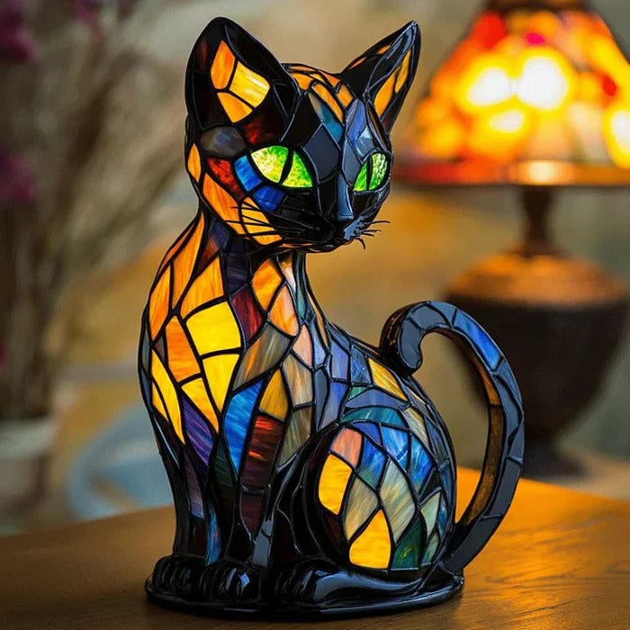 Cat-Themed Table Lamp with Stained Glass Design