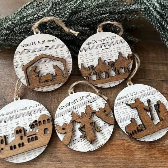 Collection of Ornaments Featuring Nativity Music Sheets