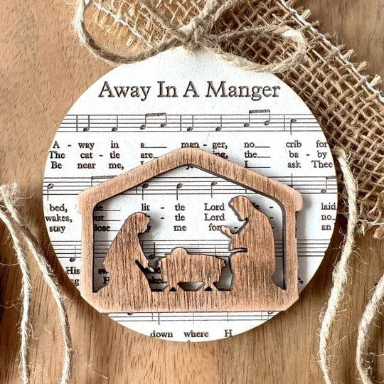 Collection of Ornaments Featuring Nativity Music Sheets