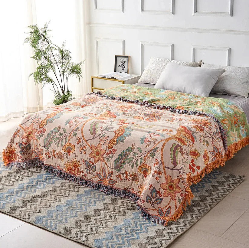 Chic Cotton Throw Blanket with Elegant Floral Design