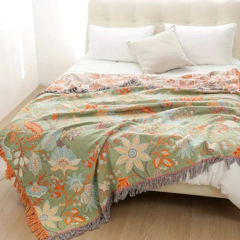 Chic Cotton Throw Blanket with Elegant Floral Design