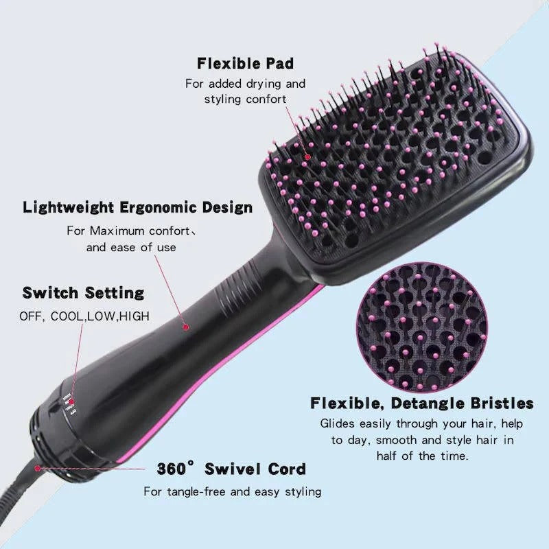 Effortless 1000W Paddle Hair Dryer Brush with 3 Heat Modes